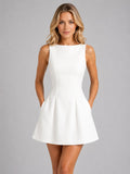 Felicity | Women's Sleeveless A-Line Mini Dress, Structured Fit Dress | Bella Blue | White