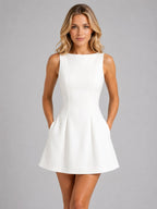 Felicity | Women's Sleeveless A-Line Mini Dress, Structured Fit Dress | Bella Blue | White