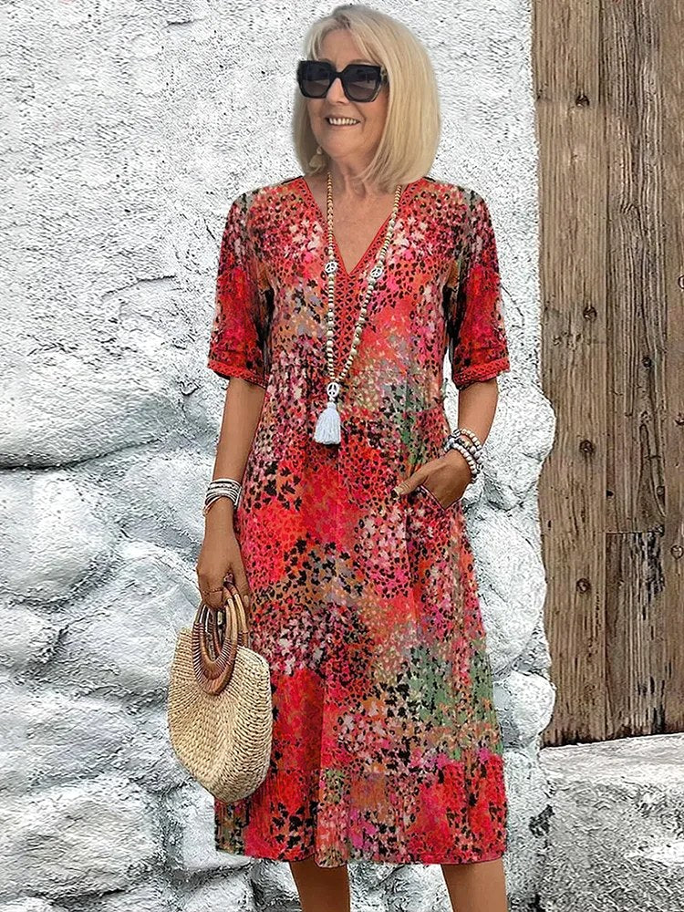 Fiora | Women's Colourful Midi Dress - Scarlet Red