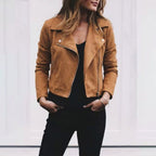 Florence | Women's Suede Cropped Jacket with Asymmetric Zip Front, Moto-Style Jacket | Bella Blue | Khaki