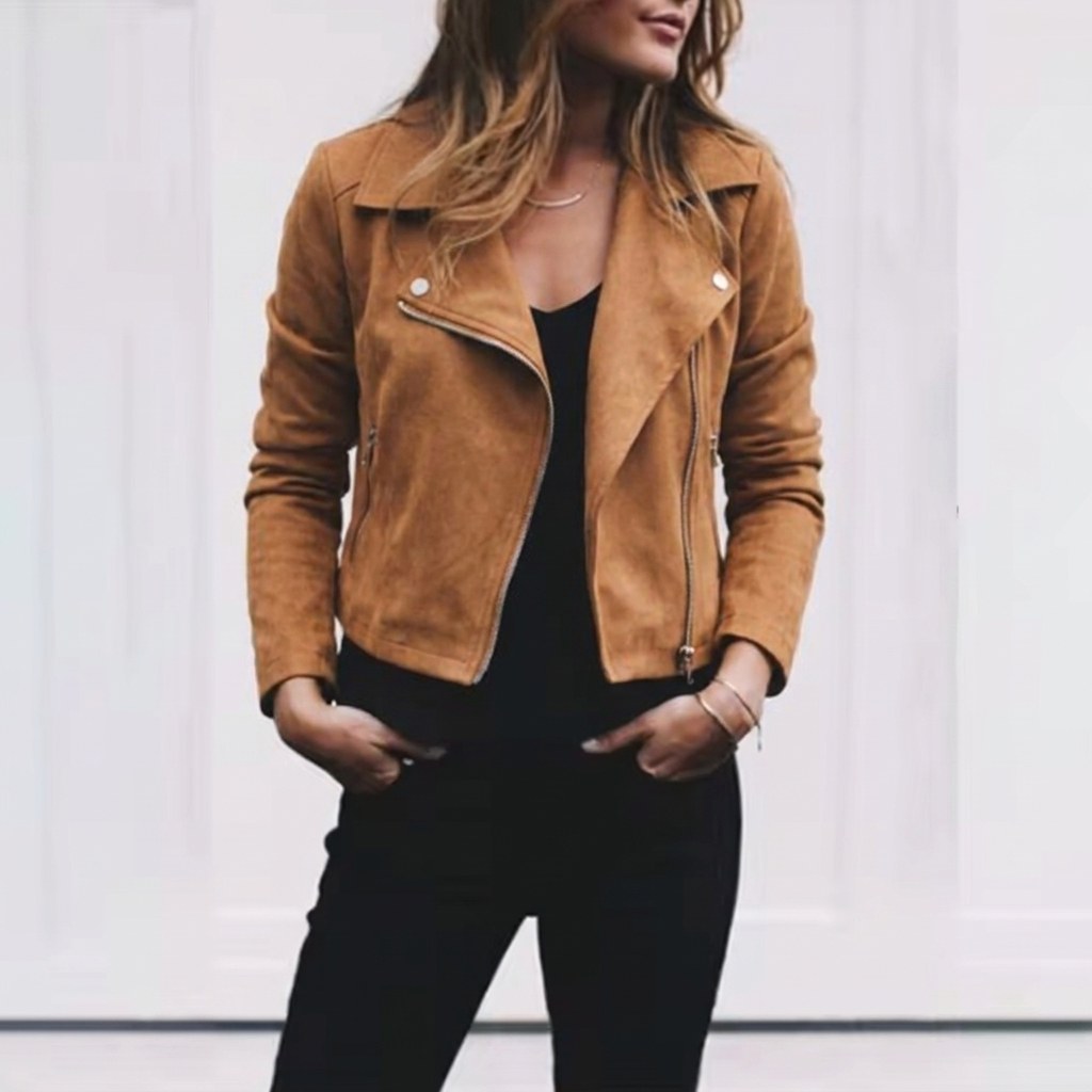 Florence | Women's Suede Cropped Jacket with Asymmetric Zip Front, Moto-Style Jacket | Bella Blue | Khaki