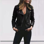 Florence | Women's Suede Cropped Jacket with Asymmetric Zip Front, Moto-Style Jacket | Bella Blue | Black