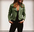 Florence | Women's Suede Cropped Jacket with Asymmetric Zip Front, Moto-Style Jacket | Bella Blue | Green