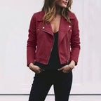 Florence | Women's Suede Cropped Jacket with Asymmetric Zip Front, Moto-Style Jacket | Bella Blue | Burgundy