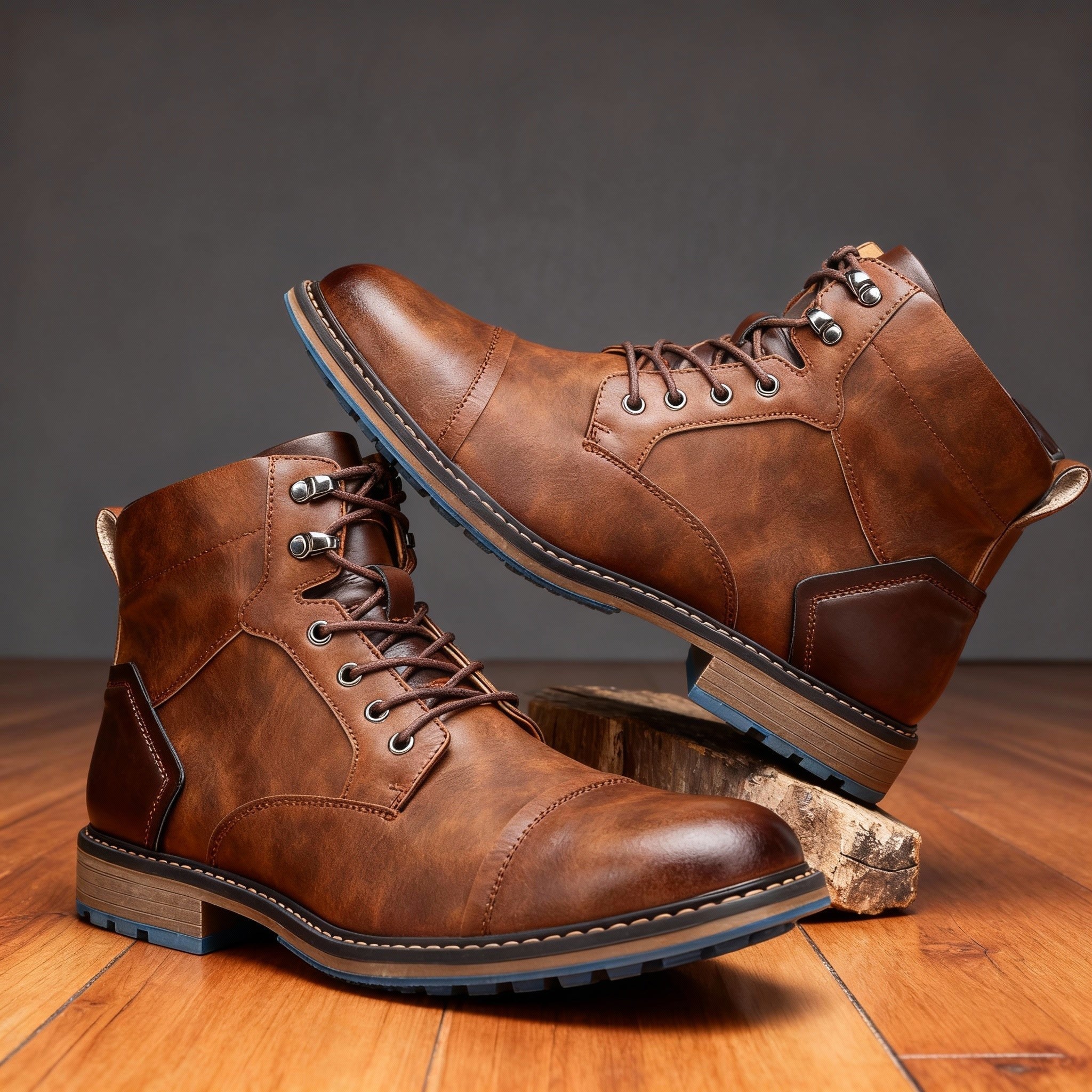Franz | Men's Lace-Up Boots with Reinforced Toe Cap, Rugged Ankle Boots | Bella Blue | Chestnut Brown