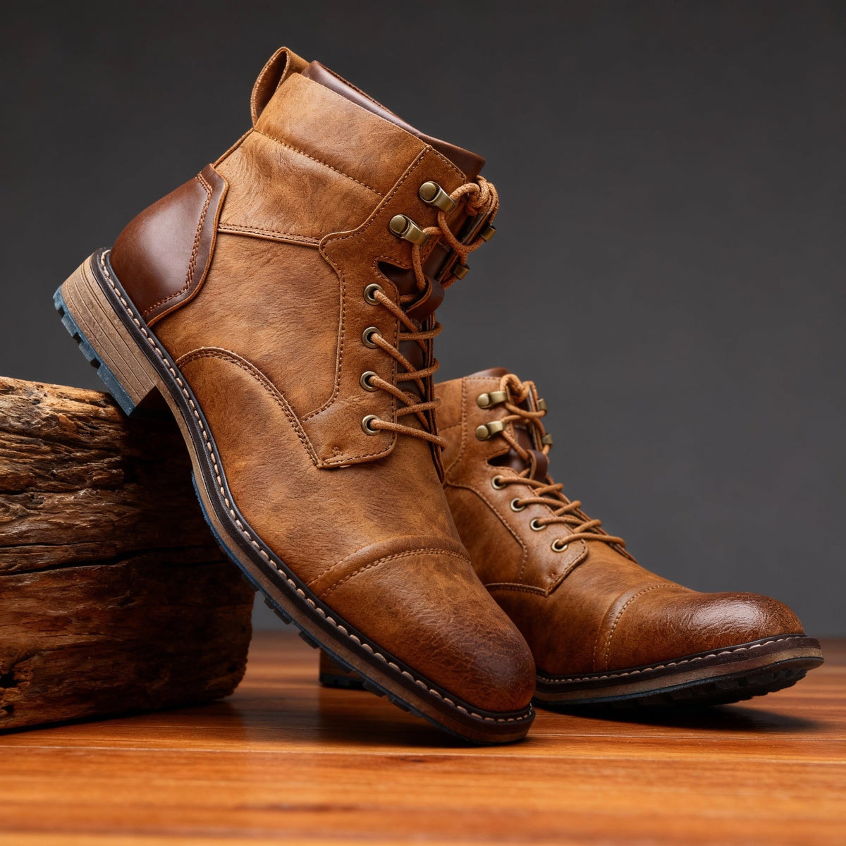 Franz | Men's Lace-Up Boots with Reinforced Toe Cap, Rugged Ankle Boots | Bella Blue | Chestnut Brown