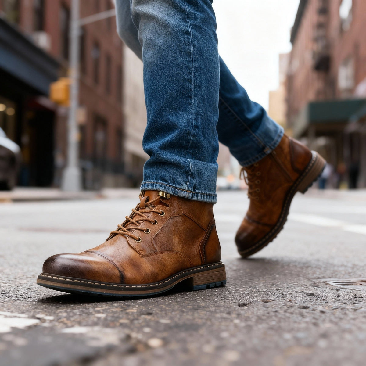 Franz | Men's Lace-Up Boots with Reinforced Toe Cap, Rugged Ankle Boots | Bella Blue | Dark Brown