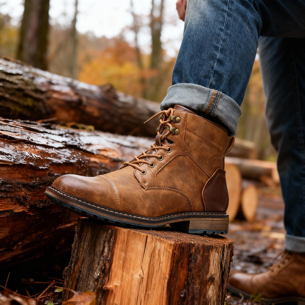 Franz | Men's Lace-Up Boots with Reinforced Toe Cap, Rugged Ankle Boots | Bella Blue | Dark Brown
