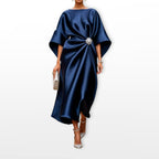 Freya | Women's Draped Satin Midi Dress, Cape-Sleeve Evening Dress | Bella Blue