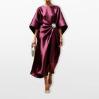 Freya | Women's Draped Satin Midi Dress, Cape-Sleeve Evening Dress | Bella Blue