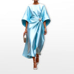 Freya | Women's Draped Satin Midi Dress, Cape-Sleeve Evening Dress | Bella Blue