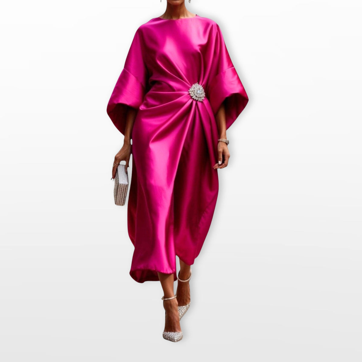 Freya | Women's Draped Satin Midi Dress, Cape-Sleeve Evening Dress | Bella Blue