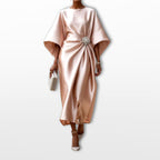 Freya | Women's Draped Satin Midi Dress, Cape-Sleeve Evening Dress | Bella Blue