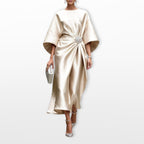 Freya | Women's Draped Satin Midi Dress, Cape-Sleeve Evening Dress | Bella Blue