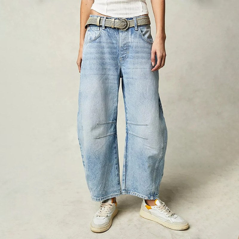 Freya | Women's Relaxed Barrel Jeans, High-Waist Denim Jeans | Bella Blue
