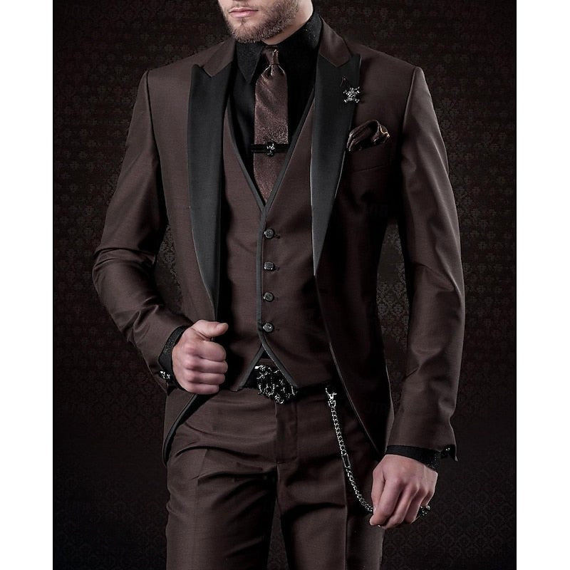 Gabriel | Men's Tailored Three-Piece Suit, Structured Blazer Suit | Bella Blue | Dark Brown
