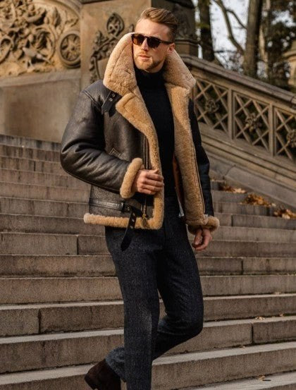 Garrett | Men's Shearling-Lined Leather Jacket, Warm Flight-Style Coat | Bella Blue