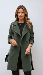 Genevieve | Women's Double Breasted Mid-Length Coat, Notched Lapel Autumn Coat | Bella Blue | Army Green