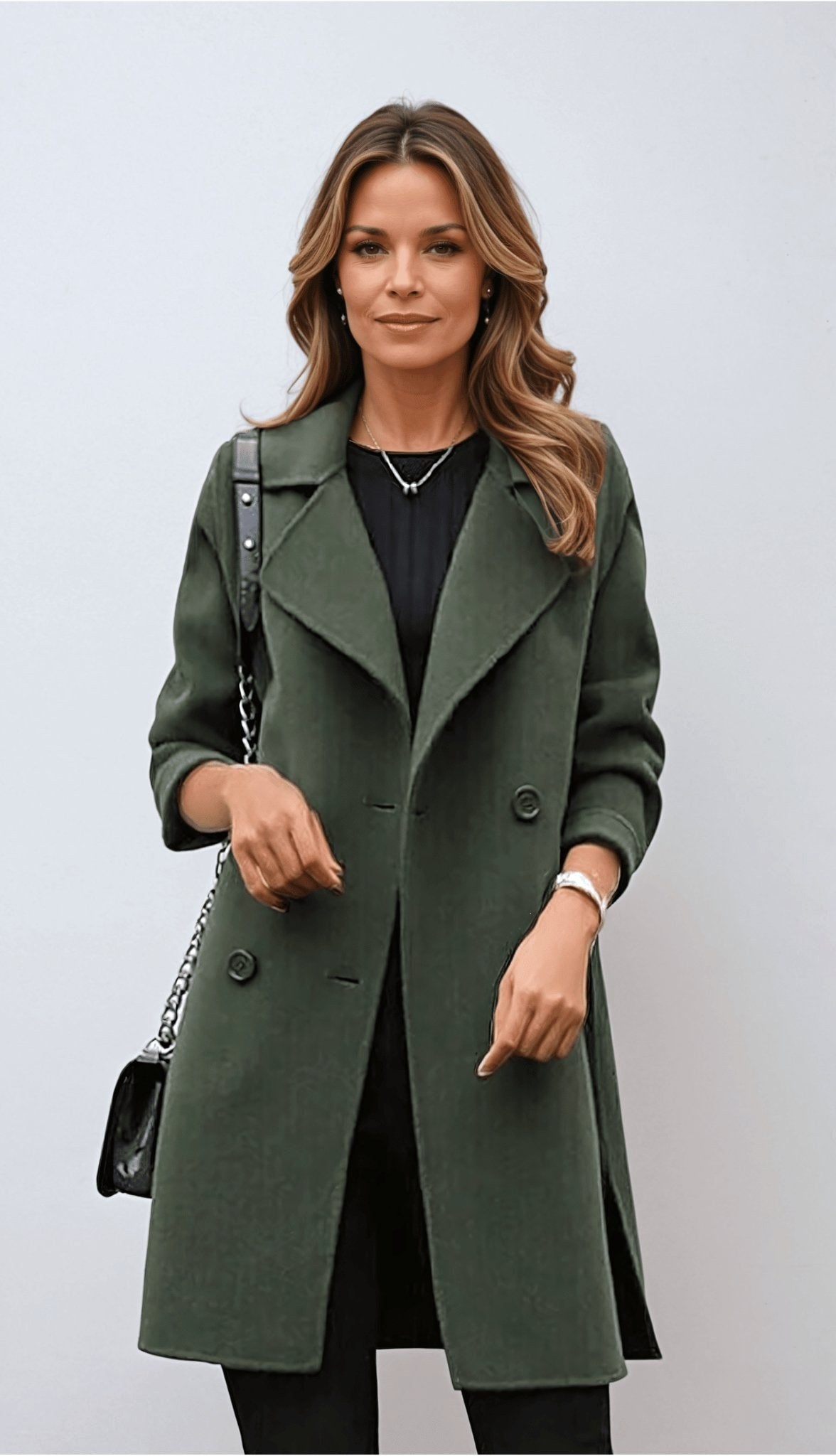 Genevieve | Women's Double Breasted Mid-Length Coat, Notched Lapel Autumn Coat | Bella Blue | Army Green