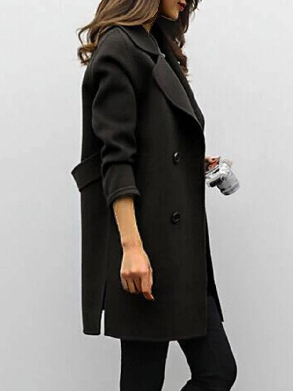 Genevieve | Women's Double Breasted Mid-Length Coat, Notched Lapel Autumn Coat | Bella Blue | Brown