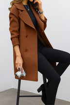 Genevieve | Women's Double Breasted Mid-Length Coat, Notched Lapel Autumn Coat | Bella Blue | Black