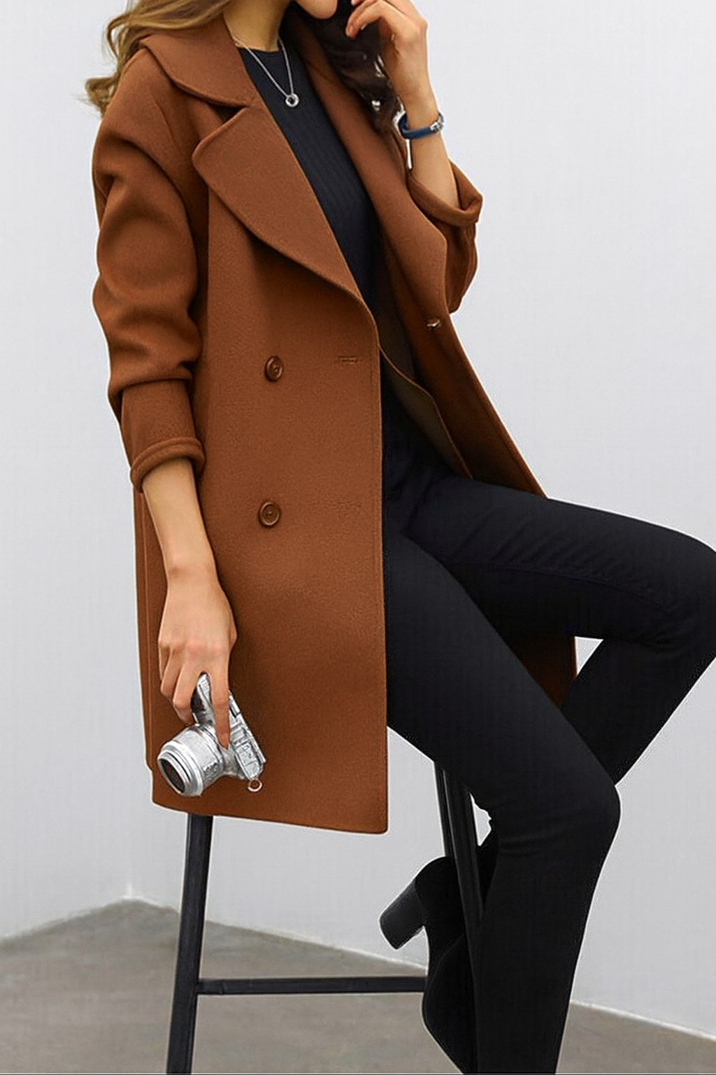 Genevieve | Women's Double Breasted Mid-Length Coat, Notched Lapel Autumn Coat | Bella Blue | Black