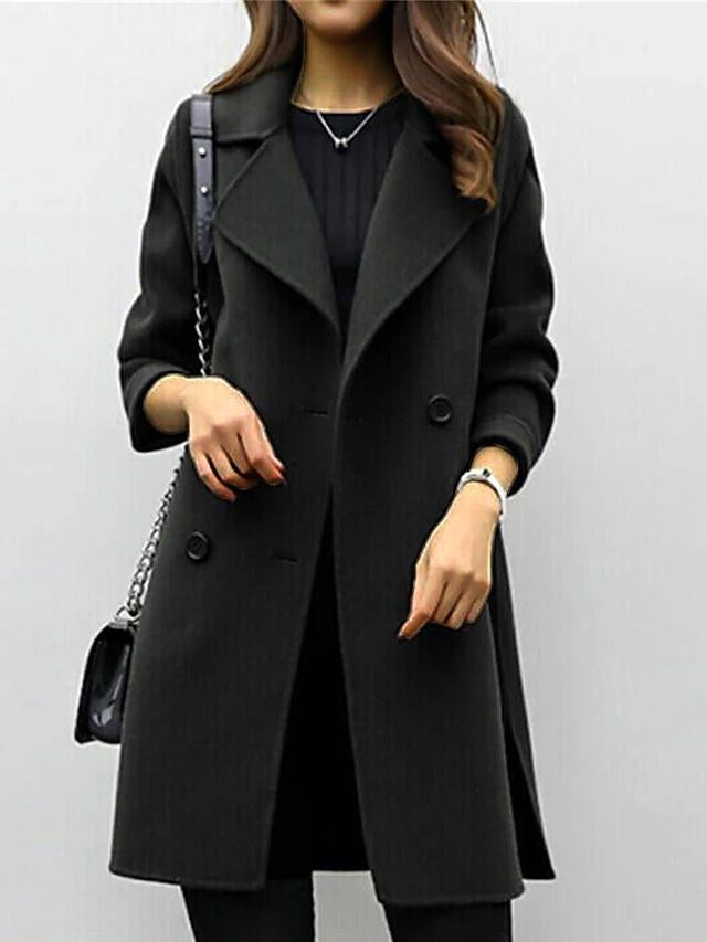Genevieve | Women's Double Breasted Mid-Length Coat, Notched Lapel Autumn Coat | Bella Blue