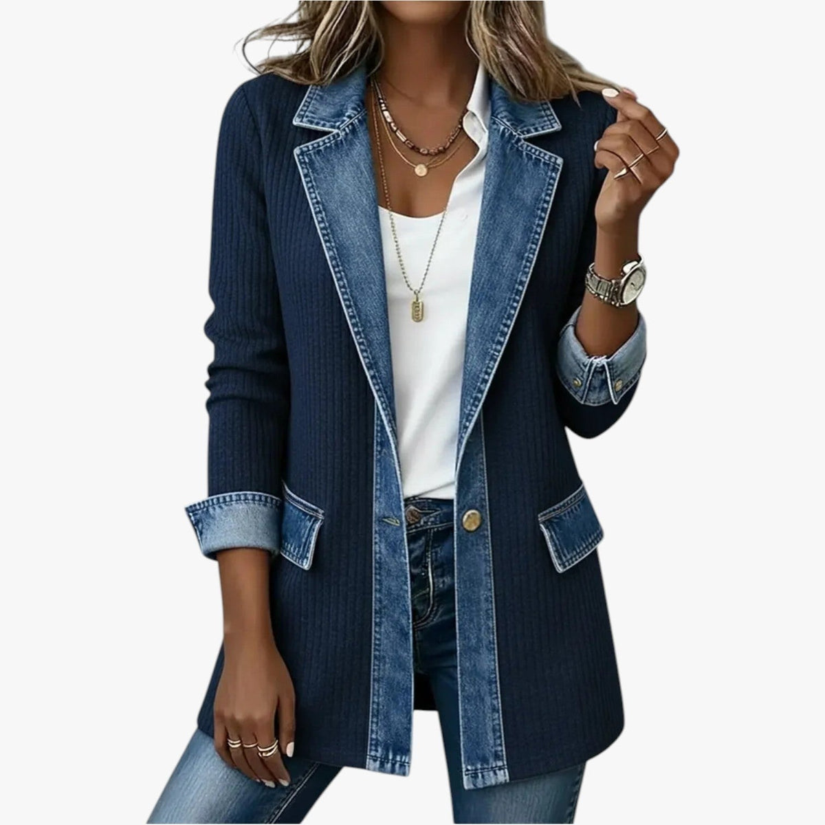 Georgia | Women's Layered Collar Button Jacket, Tailored Jacket | Bella Blue | White