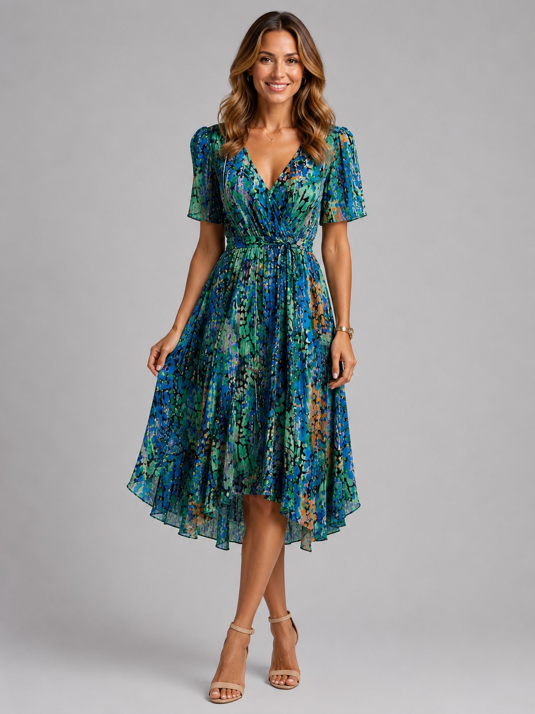 Georgia | Women's V-Neck Midi Dress with Flowing Silhouette, Printed Summer Dress | Bella Blue | Blue