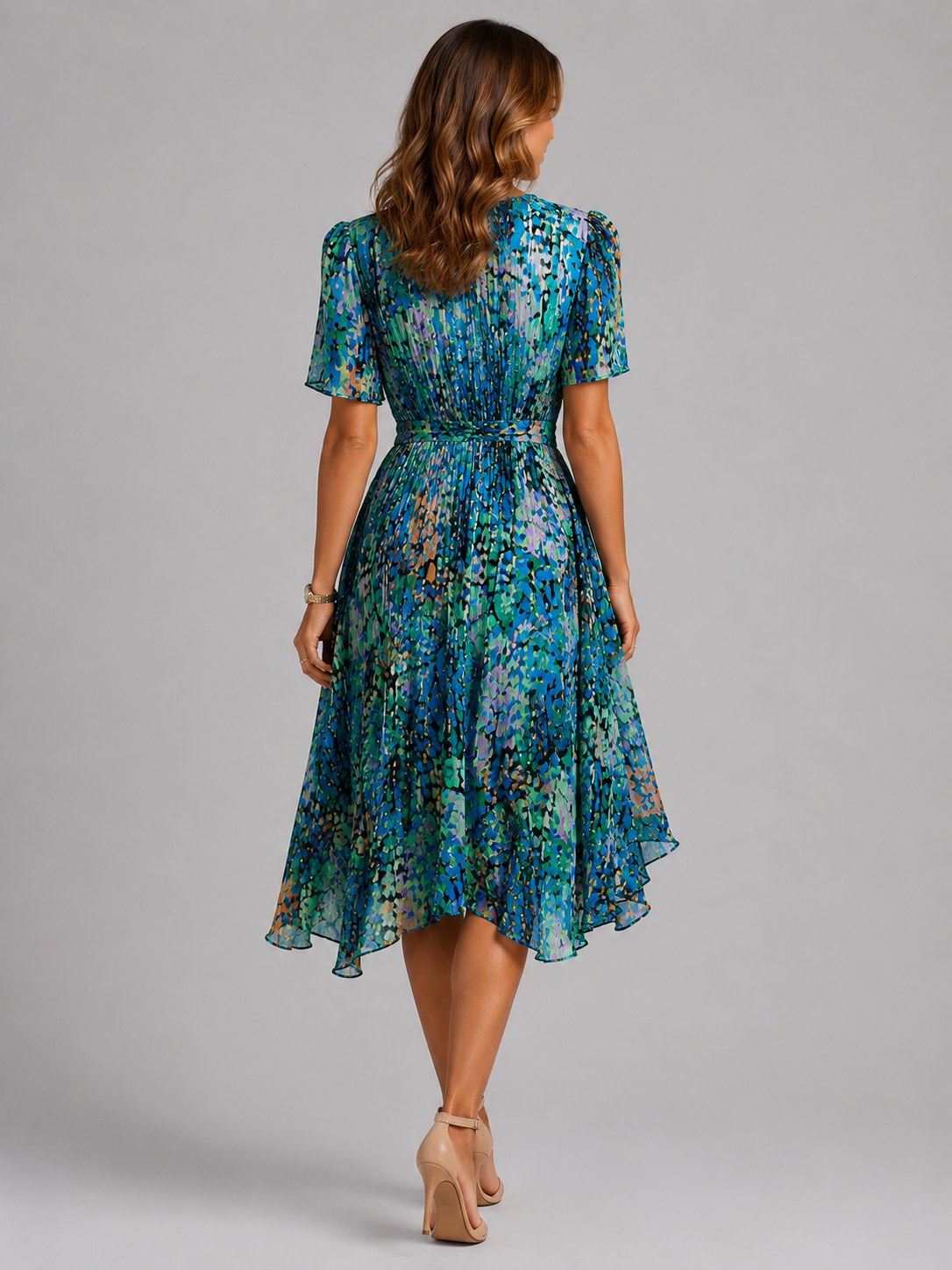 Georgia | Women's V-Neck Midi Dress with Flowing Silhouette, Printed Summer Dress | Bella Blue | Multi
