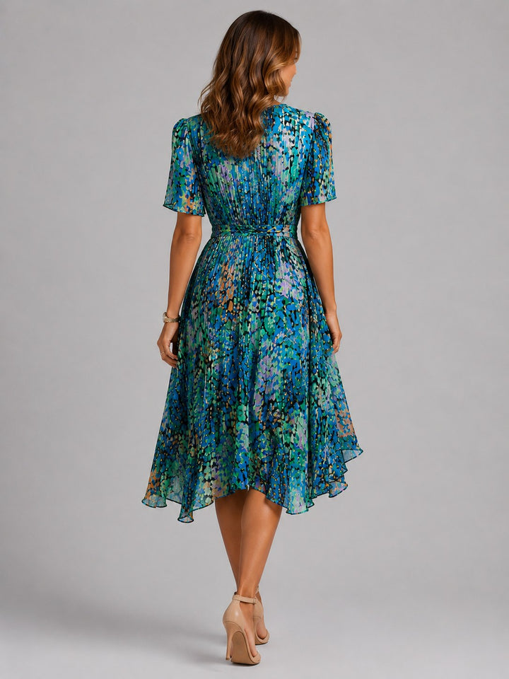 Georgia | Women's V-Neck Midi Dress with Flowing Silhouette, Printed Summer Dress | Bella Blue | Multi