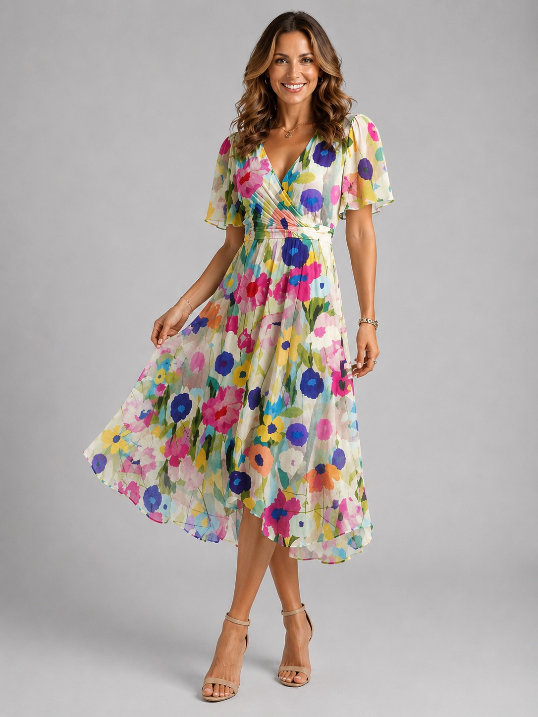 Georgia | Women's V-Neck Midi Dress with Flowing Silhouette, Printed Summer Dress | Bella Blue | Rose Red