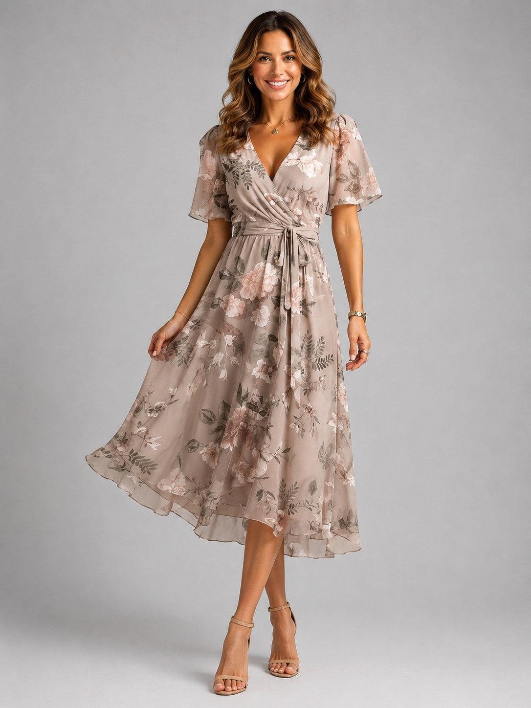 Georgia | Women's V-Neck Midi Dress with Flowing Silhouette, Printed Summer Dress | Bella Blue | Green