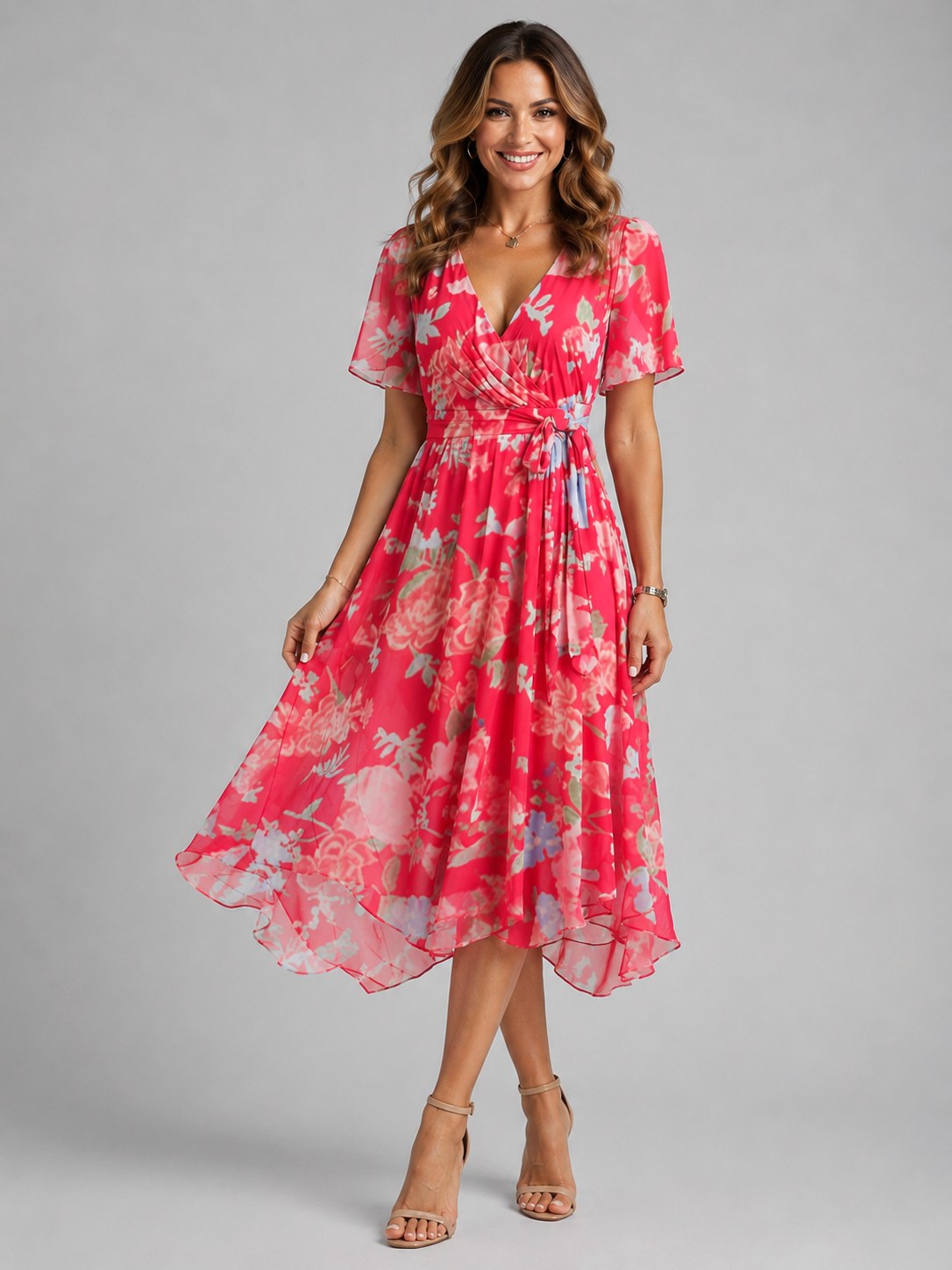 Georgia | Women's V-Neck Midi Dress with Flowing Silhouette, Printed Summer Dress | Bella Blue