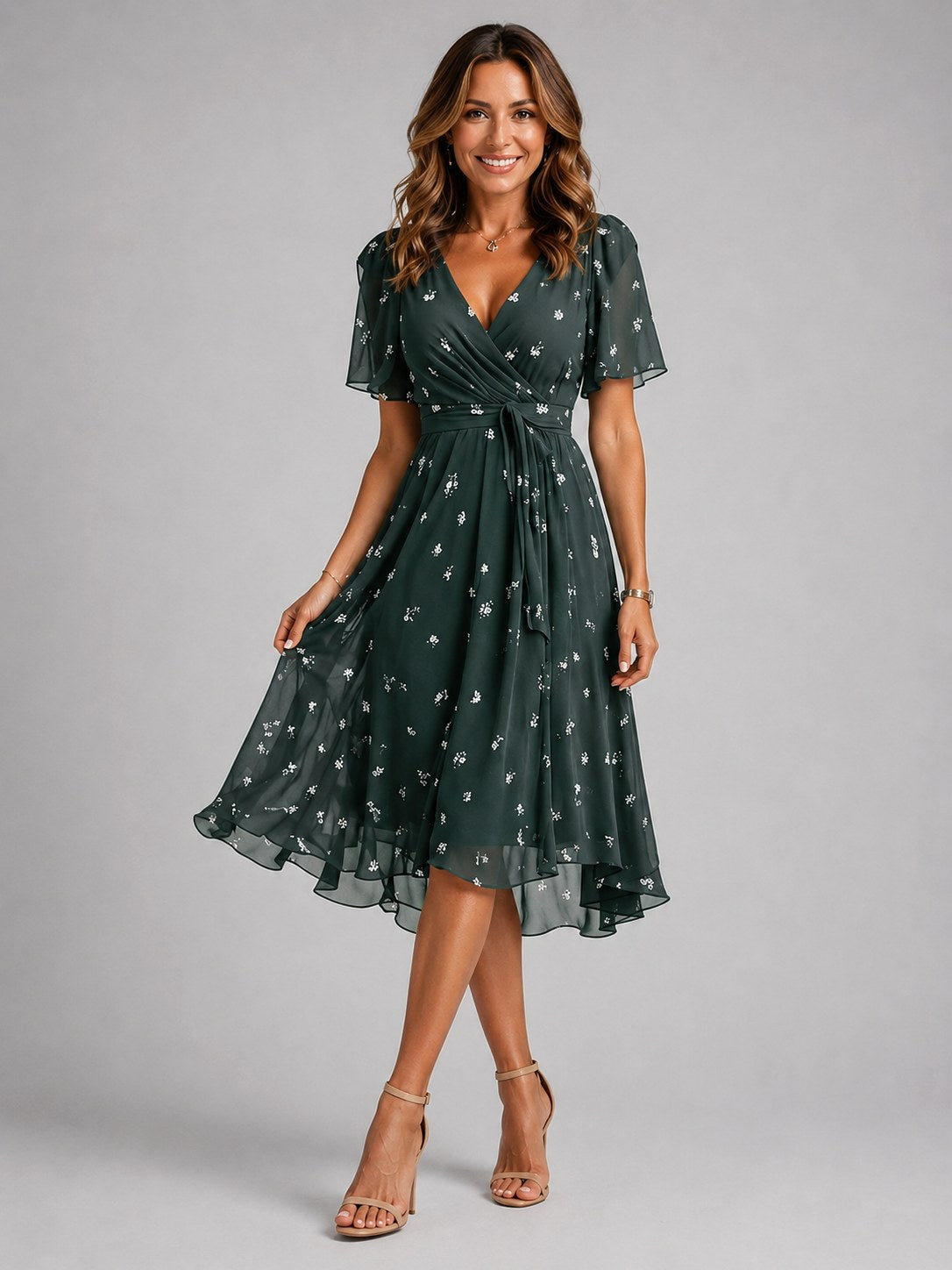 Georgia | Women's V-Neck Midi Dress with Flowing Silhouette, Printed Summer Dress | Bella Blue
