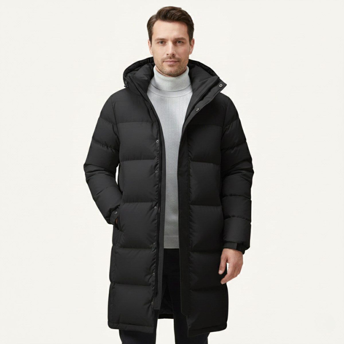 Griffin | Men's Hooded Longline Puffer Coat, Windproof Autumn Coat | Bella Blue
