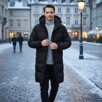 Griffin | Men's Hooded Longline Puffer Coat, Windproof Autumn Coat | Bella Blue