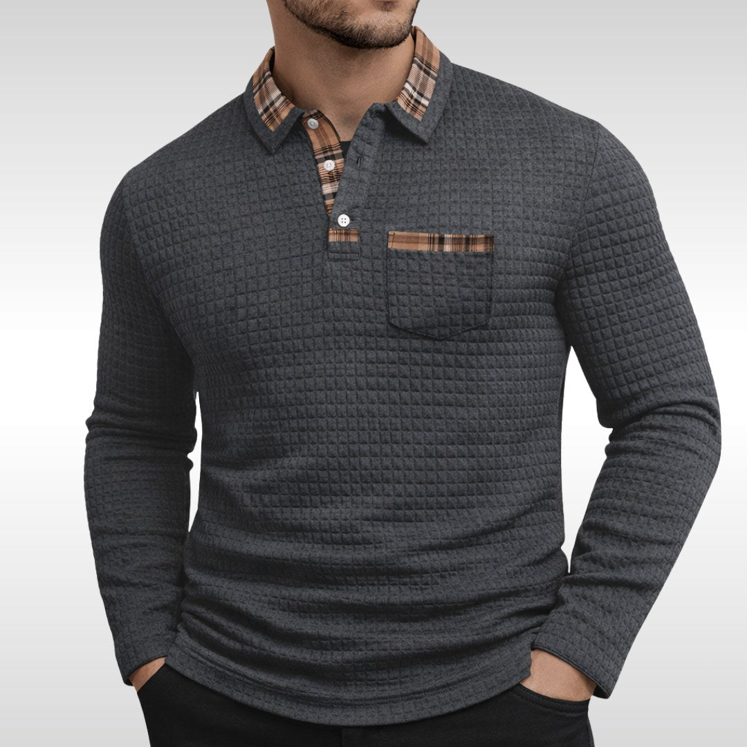 Günter | Men's Waffle-Piqué Polo Shirt with Check Pattern, Classic Polo Shirt | Bella Blue | Blue