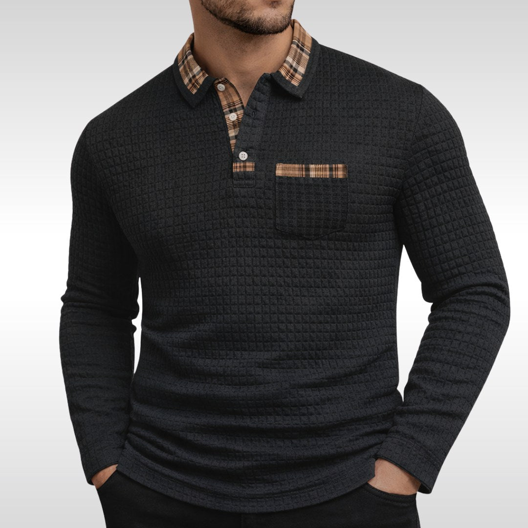 Günter | Men's Waffle-Piqué Polo Shirt with Check Pattern, Classic Polo Shirt | Bella Blue | Blue
