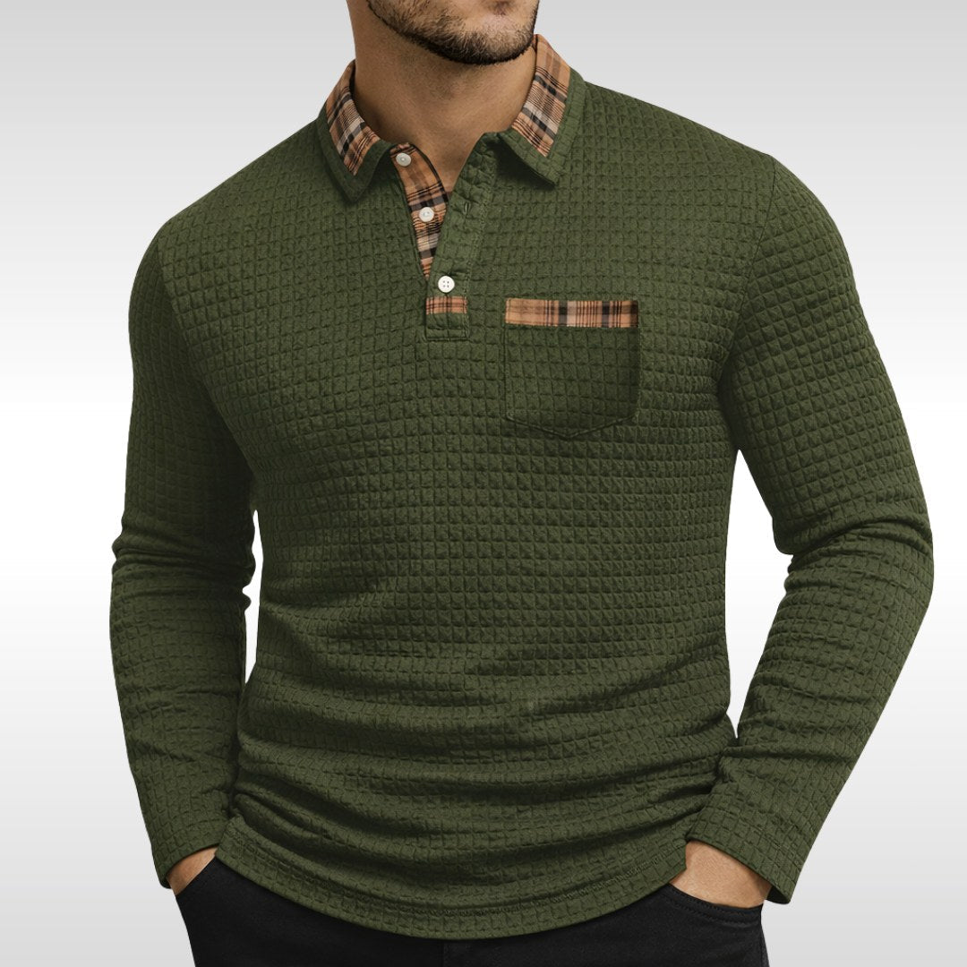 Günter | Men's Waffle-Piqué Polo Shirt with Check Pattern, Classic Polo Shirt | Bella Blue | Blue