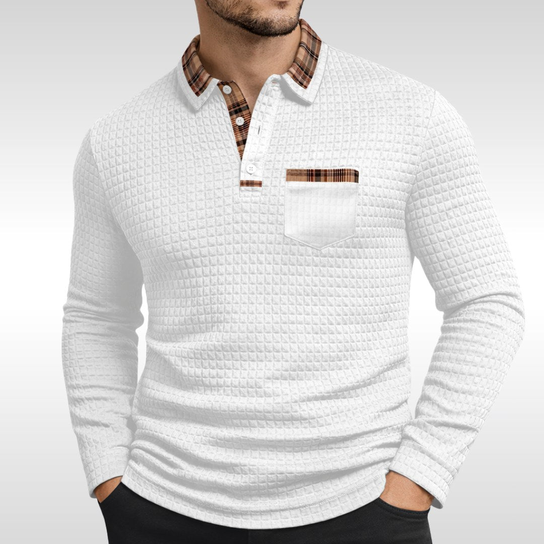 Günter | Men's Waffle-Piqué Polo Shirt with Check Pattern, Classic Polo Shirt | Bella Blue | Blue