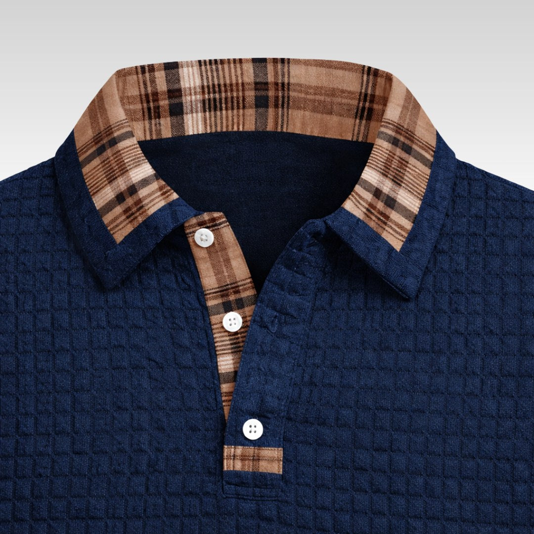 Günter | Men's Waffle-Piqué Polo Shirt with Check Pattern, Classic Polo Shirt | Bella Blue | Blue