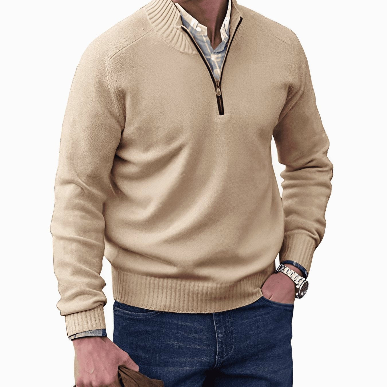 Gustav | Men's Knit Jumper with Zip and Stand Collar, Long-Sleeve Jumper | Bella Blue | Brown