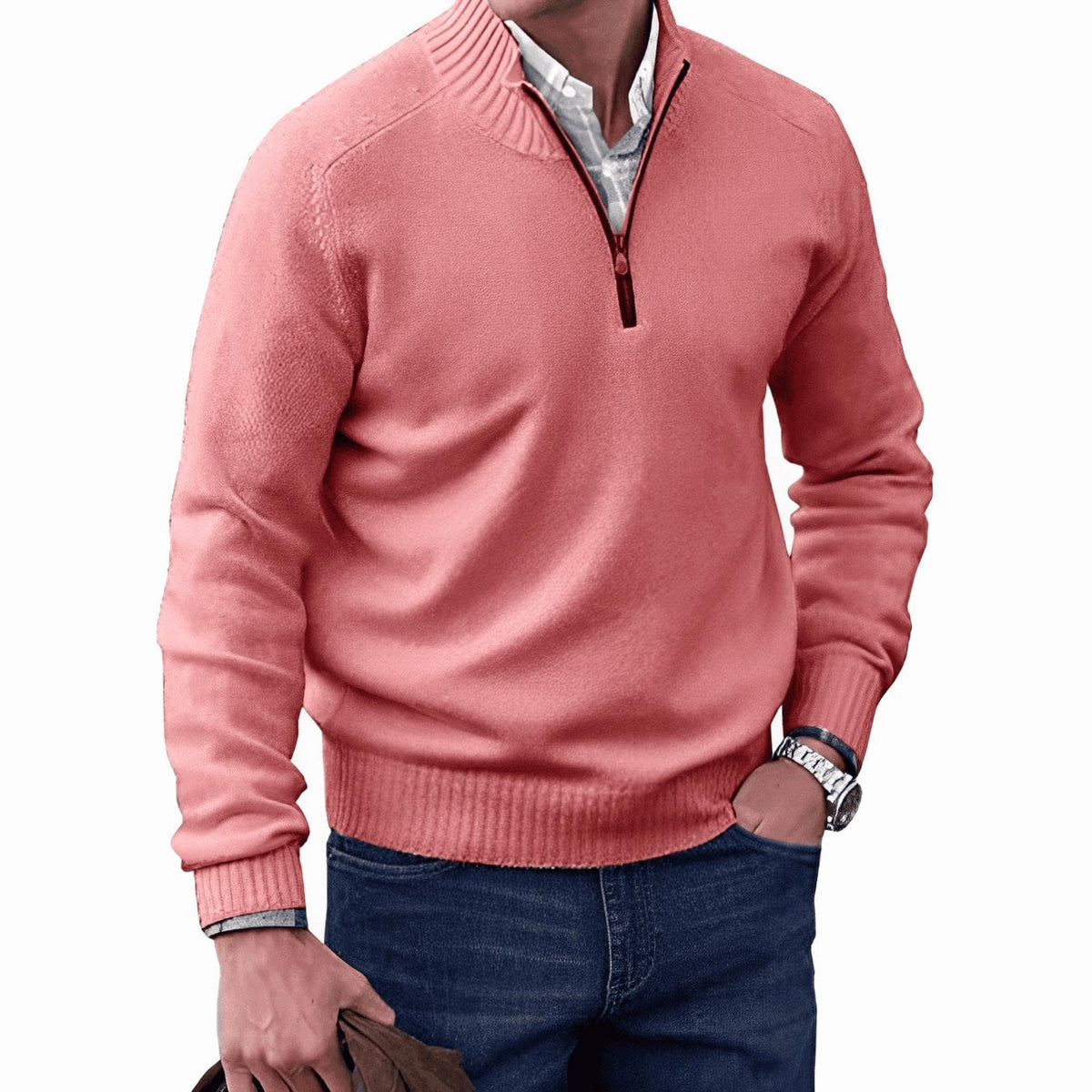 Gustav | Men's Knit Jumper with Zip and Stand Collar, Long-Sleeve Jumper | Bella Blue | Black