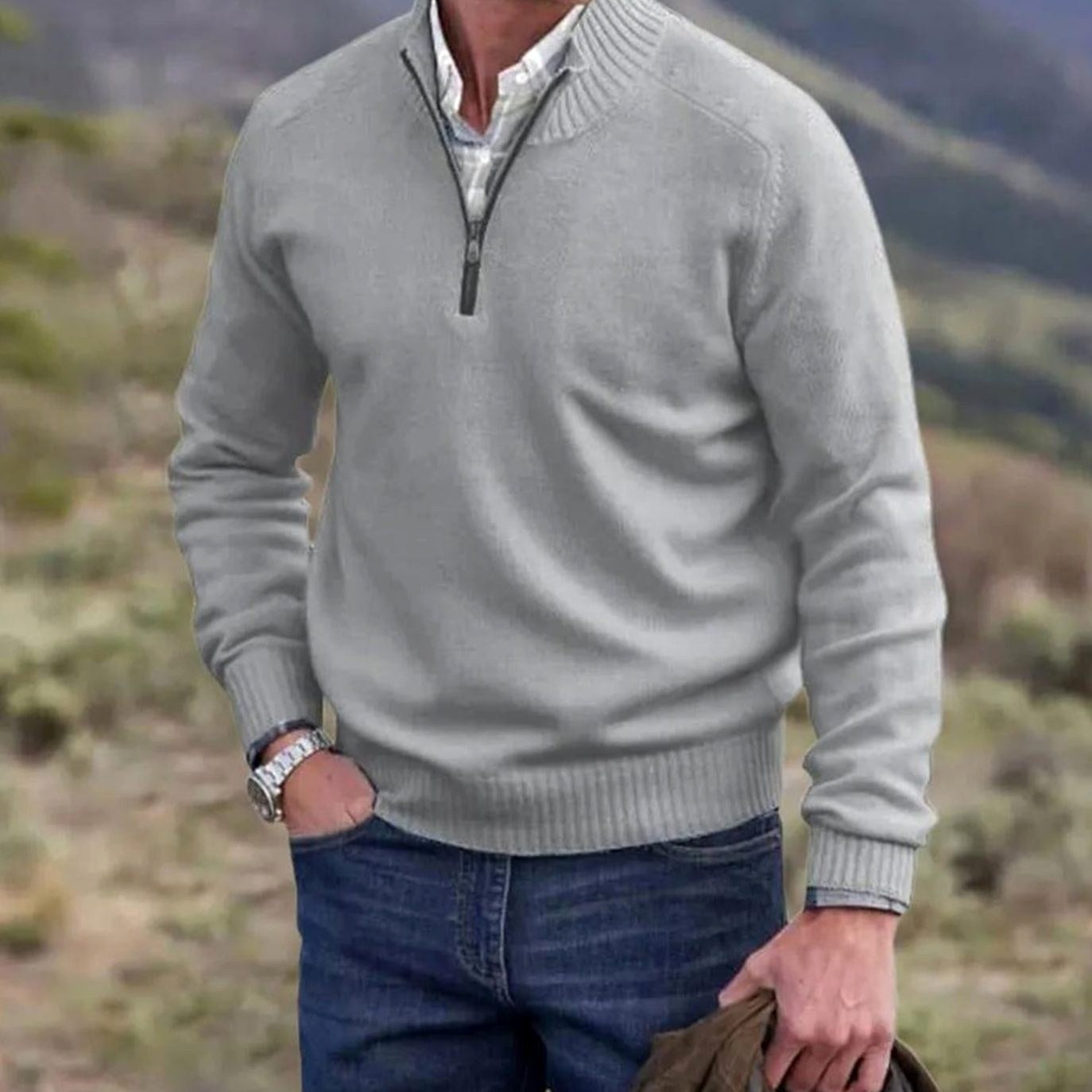 Gustav | Men's Knit Jumper with Zip and Stand Collar, Long-Sleeve Jumper | Bella Blue | Brown
