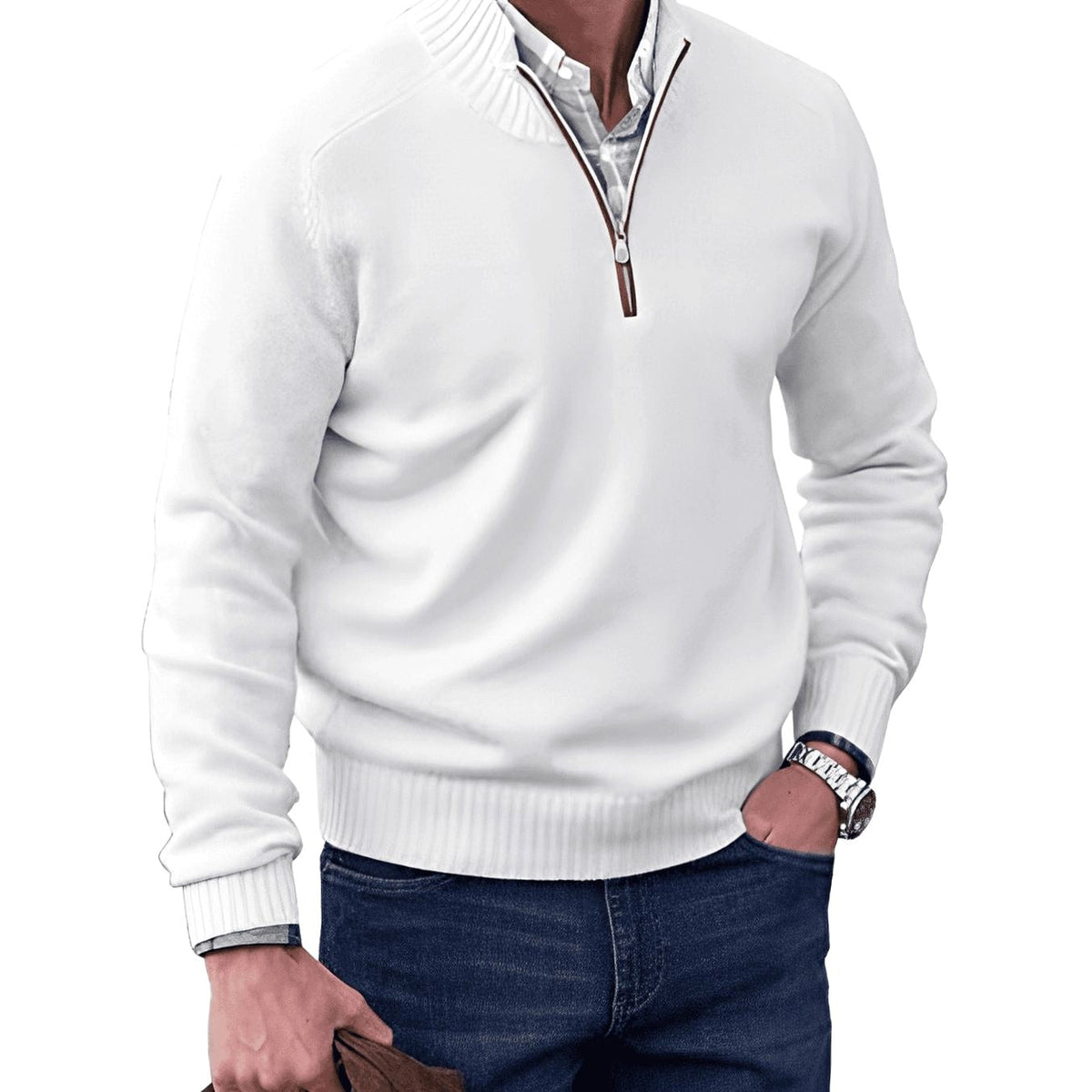 Gustav | Men's Knit Jumper with Zip and Stand Collar, Long-Sleeve Jumper | Bella Blue | Brown