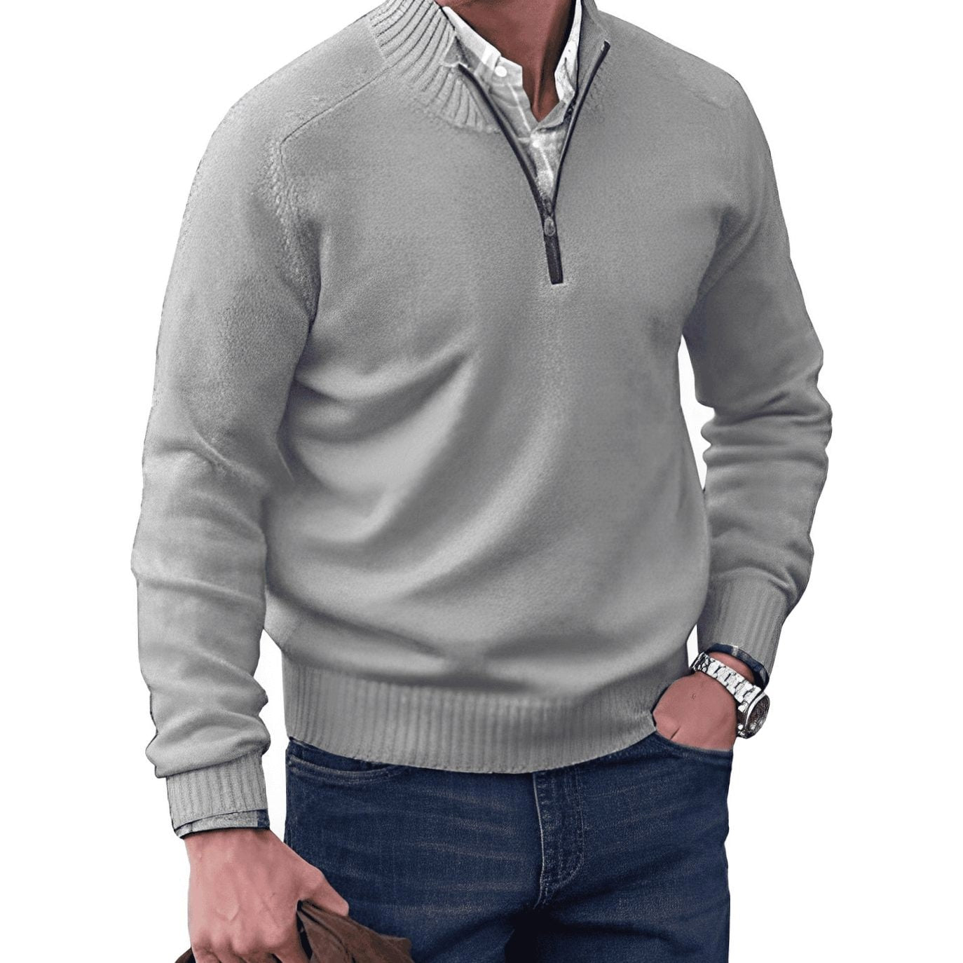 Gustav | Men's Knit Jumper with Zip and Stand Collar, Long-Sleeve Jumper | Bella Blue | Brown