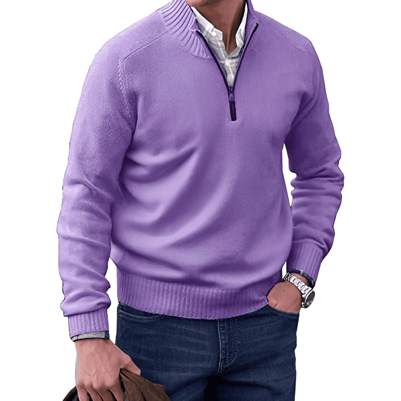 Gustav | Men's Knit Jumper with Zip and Stand Collar, Long-Sleeve Jumper | Bella Blue | Black