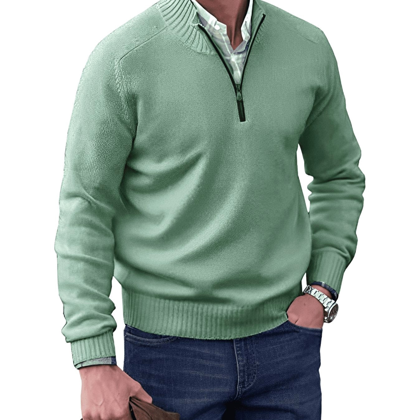 Gustav | Men's Knit Jumper with Zip and Stand Collar, Long-Sleeve Jumper | Bella Blue | Black