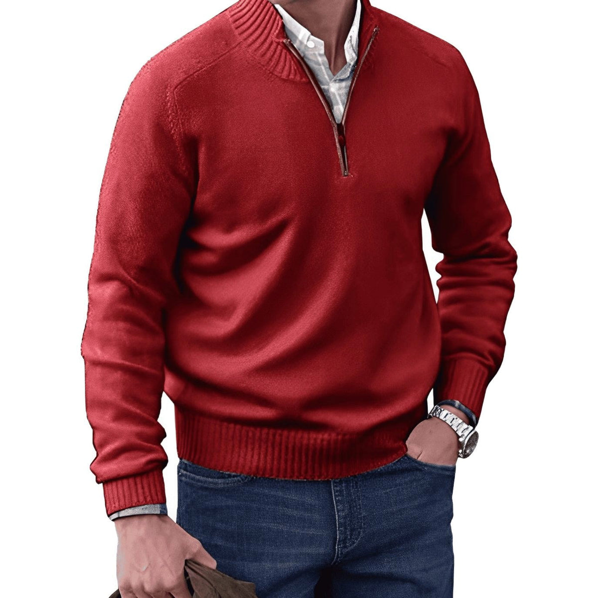 Gustav | Men's Knit Jumper with Zip and Stand Collar, Long-Sleeve Jumper | Bella Blue | Black